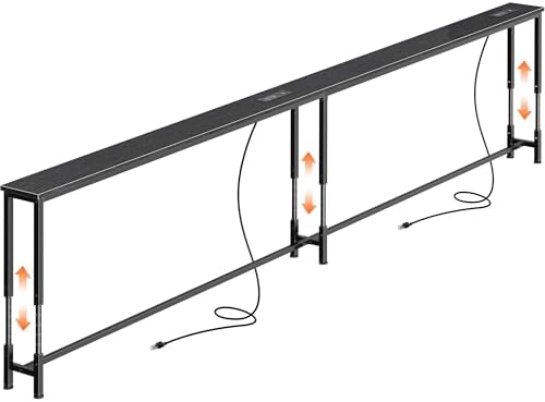 Huuger 110.2 Inch Sofa Table with Power Outlets, 23.9’’-34.4’’ Height Adjustable Range, Behind Couch Table with USB-C Ports, Sofa Tables Narrow Long, Skinny Console Table, for Small Spaces, Black