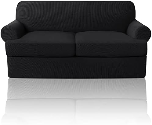 PrinceDeco T Cushion Loveseat Slipcover 3 Pieces Sofa Covers for T Cushion Sofa Stretch Slip Covers for 2 Cushion Couch with 2 Individual T Shape Seat Covers Width Up to 72"- Washable, Black