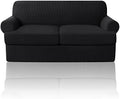 PrinceDeco T Cushion Loveseat Slipcover 3 Pieces Sofa Covers for T Cushion Sofa Stretch Slip Covers for 2 Cushion Couch with 2 Individual T Shape Seat Covers Width Up to 72"- Washable, Black