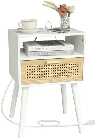MaxSmeo Nightstand with Charging Station, Bedside Tables with Rattan Drawer, Mid Century Modern Nightstand, End Table for Living Room, Bedroom and Small Spaces, Easy Assembly (White)