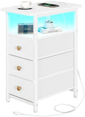 Yoobure End Table with Charging Station, LED Narrow Side Table Bedside Table, Small Night Stand End Tables Living Room, Skinny Nightstand with 3 Fabric Drawers, Side Tables Bedroom for Small Spaces