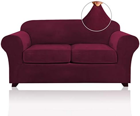 PrinceDeco Velvet Couch Cover Loveseat Covers for 2 Cushion Couch 3 Piece Sofa Covers for Dogs Washable Loveseat Covers Width Up to 72 Inch No Slip Stretch Sofa Slipcover(Medium, Burgundy)