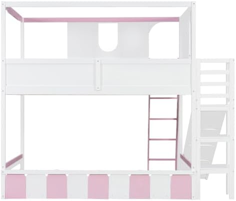 Merax Full Size Playhouse Bunk Bed with Slide and Storage Shelves, Pink