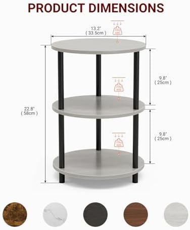 XBurmo Small Round End Table - 3 Tier Design Accent Table, Narrow Side or Bedside Stand, Industrial Vintage Nightstand for Bedroom, Living Room, or Small Spaces, Set of 2, Greige