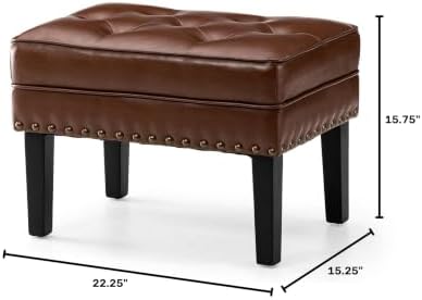 Glitzhome Faux Leather Foot Stool, Mid Century Modern Foot Stools Ottoman, Vintage Ottoman Tufted Square Vanity Seat, Coffee