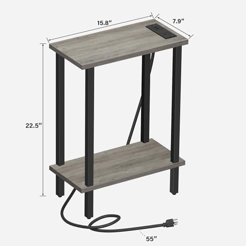 TUTOTAK Narrow Side Table, 2-Tier Small End Table with Charging Station