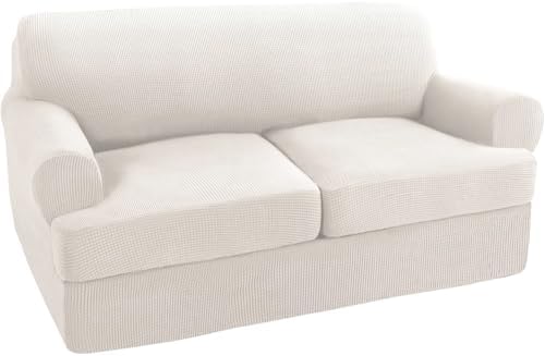 Turquoize 3 Piece T Cushion Loveseat Slipcovers Sofa Cover for 2 Cushion Couch Cover Washable Sofa Slipcover Furniture Covers with 2 Individual T Cushion Seat Covers (2 Cushion Loveseat, Ivory)