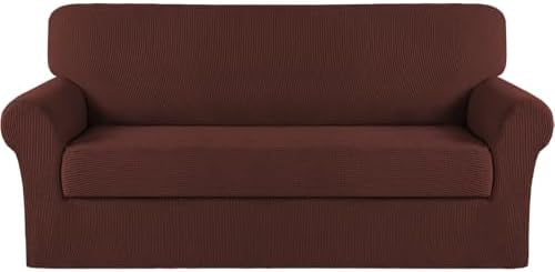 Turquoize Stretch Sofa Slipcover 2 Pieces Sofa Cover Couch Cover for 3 Cushion Couch Washable Furniture Protector Covers with Elastic Bottom Feature Thick Jacquard Fabric (Sofa, Burnt Brick)