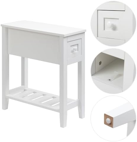 Narrow Side Table for Small Spaces, White Table with Drawer, Slim Bed Table/Night Stand Set of 2, Couch Table