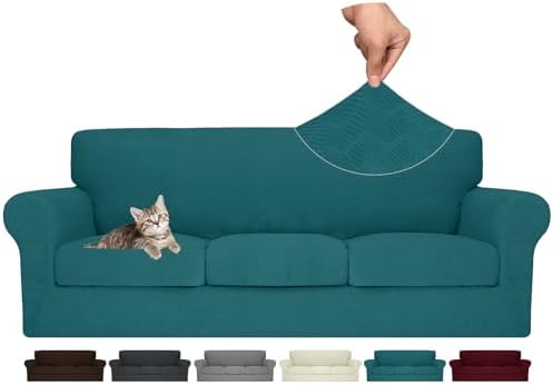 MAXIJIN 4 Piece Couch Covers for 3 Cushion Couch Sofa Covers, Stretch Couch Slipcovers for Sofas with 3 Cushions, Thick 3 Seat Furniture Protector for Dogs Pet (71"-91", Teal)
