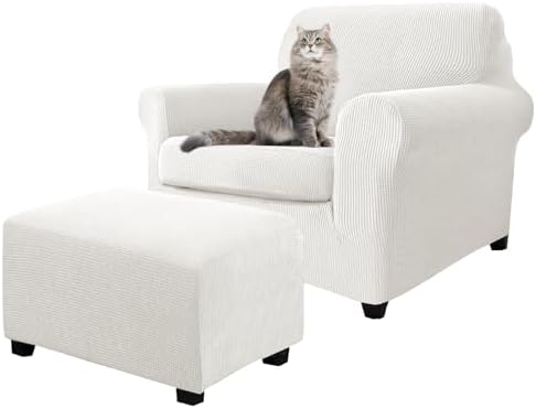 3 Piece Stretch Matching Chair and Ottoman Slipcover Set, Jacquard Arm Chair/Ottoman/Fitted Seat Covers, Non-Slip Accent Armchair and Foot Stool Slip Cover (Ivory,3 Pieces Set)