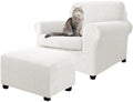 3 Piece Stretch Matching Chair and Ottoman Slipcover Set, Jacquard Arm Chair/Ottoman/Fitted Seat Covers, Non-Slip Accent Armchair and Foot Stool Slip Cover (Ivory,3 Pieces Set)