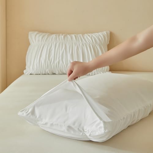 AOJIM White Ruched Full Duvet Cover 3Pcs French Chic Bedding for Bedroom