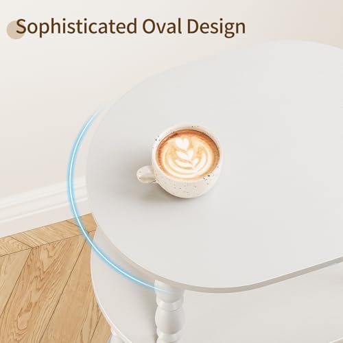 Yoobure 3-Tier Small Side Table - Oval End Table with Vintage Spindle Legs, Accent Night Stand with Storage Shelf for Narrow Spaces, Wood Nightstand Bedside Table for Living Room, Bedroom, White
