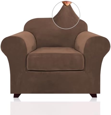 PrinceDeco Velvet Plush Couch Cover Stretch 2 Piece Chair Cover Chair Slipcover Washable Furniture Protector Couch Soft with Elastic Bottom Armchair Cover Width Up to 49 Inch(Small, Caramel)