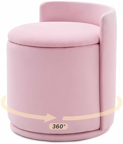 360° Swivel Makeup Chair with Storage, Upholstered Accent Stool with Back, Round Vanity Stool Ottoman for Living Room, Makeup Room, Bedroom (Pink)