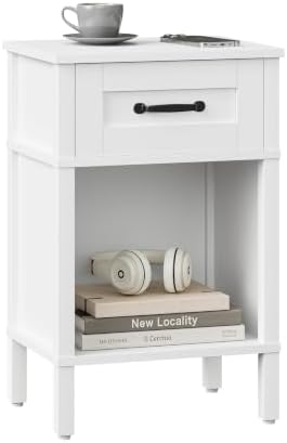 White Farmhouse Nightstand with Drawer, Small Wooden Bedside Table, White Marden End Table, Bedroom Side Table with Storage, Wooden Night Stand LET512WW