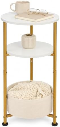 3-Tier Small Round Side Table with Storage Basket, White & Gold
