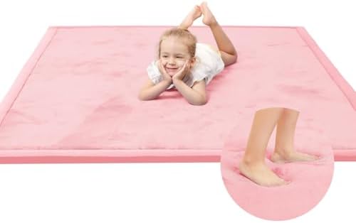 Huloo Sleep Baby Play Mat for Floor,1.3" Thick Elasti-Foam 74×50 Playpen Mat for Toddlers Infant kids,Water-Repellent Soft Coral Velvet for Tummy Time, Non-Slip Backing for Crawling,Tatami Style(Pink)
