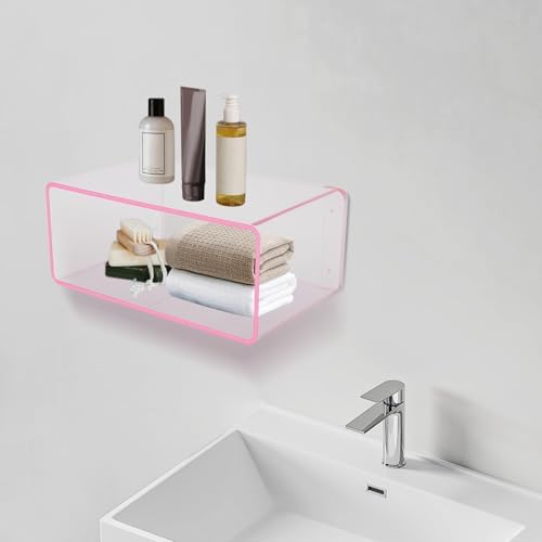 Acrylic Wall-Mounted Nightstand Floating Wall Nightstand Bedside Table Floating Side Table Wall Mounted Clear Shelf for Bedroom Bathroom (Pink)