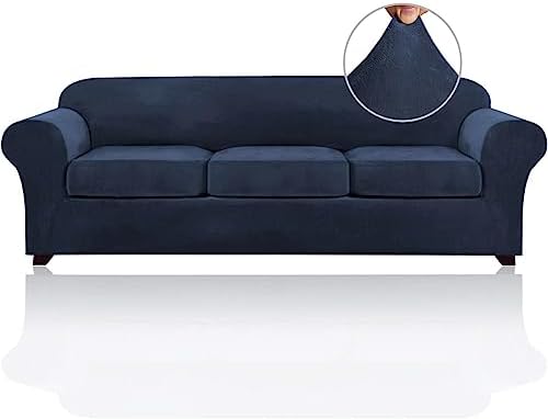 PrinceDeco Velvet XL Couch Cover for Oversized Sofa 4 Piece Sofa Covers for 3 Cushion Couch Washable Furniture Protector with Non Slip Elastic Bottom Width Up to 97 Inch(X-Large, Navy)