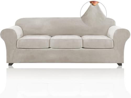 PrinceDeco Velvet XL Couch Cover for Oversized Sofa 4 Piece Sofa Covers for 3 Cushion Couch Washable Furniture Protector with Non Slip Elastic Bottom Width Up to 105 Inch(X-Large,Oatmeal)