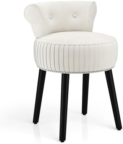 CHARMAID Velvet Vanity Chair for Bedroom, Elegant Accent Chair with Tufted Low Back, Solid Wood Legs, Upholstered Seat, Modern Makeup Stool for Dressing Room, Home Office (Beige & Black)