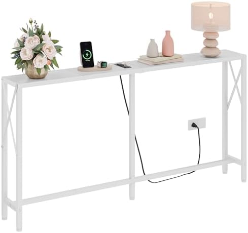 Gewudraw Narrow Console Table with Socket, Sofa Table Behind Couch, White