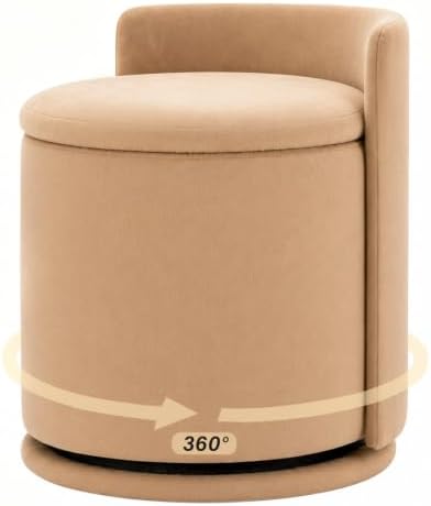 360° Swivel Makeup Chair with Storage, Upholstered Accent Stool with Back, Round Vanity Stool Ottoman for Living Room, Makeup Room, Bedroom (Khaki)
