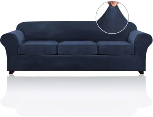 PrinceDeco Velvet Couch Covers for Sofa Soft 4 Pieces Couch Covers for 3 Cushion Couch Sofa Pet Friendly Furniture Protector with Non Slip Elastic Bottom Width Up to 97 Inch (Large Sofas, Navy)