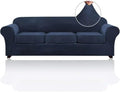 PrinceDeco Velvet Couch Covers for Sofa Soft 4 Pieces Couch Covers for 3 Cushion Couch Sofa Pet Friendly Furniture Protector with Non Slip Elastic Bottom Width Up to 97 Inch (Large Sofas, Navy)