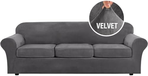 H.VERSAILTEX Velvet 4 Piece High Stretch Sofa Slipcover Cover Furniture Protector Form Fit Luxury Thick Velvet Extra Large Sofa Cover for 3 Cushion Couch Width Up to 105 Inch (XL Sofa, Gray)
