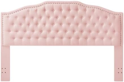 24KF Upholstered Button Tufted King Size Headboard with Nailhead Trim, Elegant Boucle Fabric California King headboard, 6031-K-Boucle-Pink