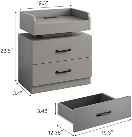 4ever2buy Grey Nightstand Set of 2 with Charging Station and LED Lights