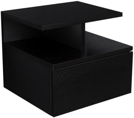 Tuhome Adele Floating Nightstand, Wall-Mounted Bedside Table with 1 Drawer and 2 Open Shelves, 11.6" H x 14" W x 13.2" D Small Night Stand for Compact Bedrooms, Engineered Wood