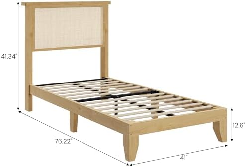 coucheta Bohemian Twin Rattan Bed LED Natural Headboard Bedroom