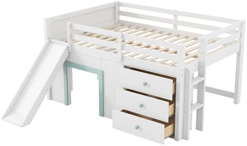 Bellemave Full Size Low loft Bed for Kids,Wood Modern Farmhouse Full Loft Bed with Slide and Drawer Storage, No Box Spring Needed, White