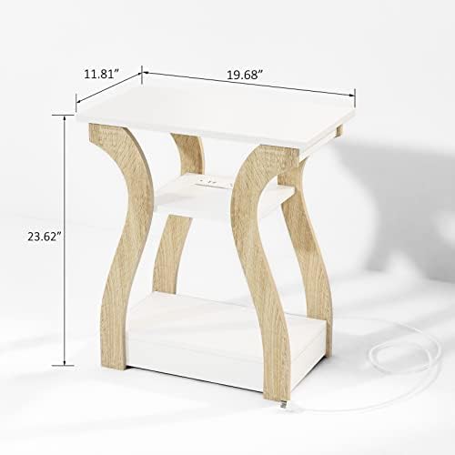 FROMJBEST End Tables Living Room Set of 2 with Charging Station, White&Oak