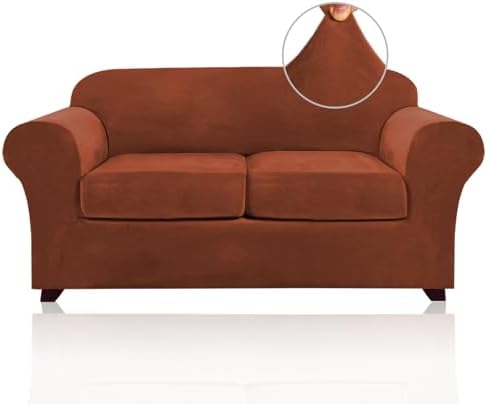 PrinceDeco Velvet Couch Cover Loveseat Covers for 2 Cushion Couch 3 Piece Sofa Covers for Dogs Washable Loveseat Covers Width Up to 72 Inch No Slip Stretch Sofa Slipcover(Medium, Rust)