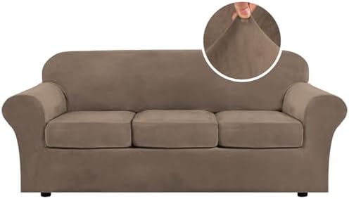 H.VERSAILTEX Modern Velvet Plush 4 Piece High Stretch Sofa Slipcover Sofa Cover Furniture Protector Form Fit Thick Velvet Sofa Cover for 3 Cushion Couch Width Up to 90 Inch (Sofa, Mocha)