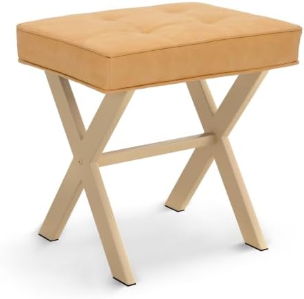 LUE BONA Vanity Stool, Square Linen Makeup Stool, Honey Brown