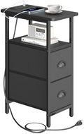 sthmec Narrow End Table with Charging Station, Narrow Side Table with 2 Fabric Drawers, Slim Nightstand, Skinny Bedside Table, Small Side Table for Small Spaces, Living Room, Bedroom, Black