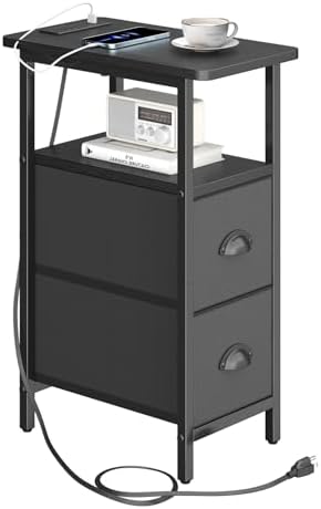sthmec Narrow End Table with Charging Station, Narrow Side Table with 2 Fabric Drawers, Slim Nightstand, Skinny Bedside Table, Small Side Table for Small Spaces, Living Room, Bedroom, Black