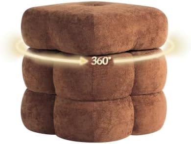 Get Set Style 360° Swivel Flower Ottoman, Linen Vanity Stool Footrest with 300LBS Capacity, No Assembly Small Space Accent Chair for Living Room Bedroom Entryway (Honey Ginger)