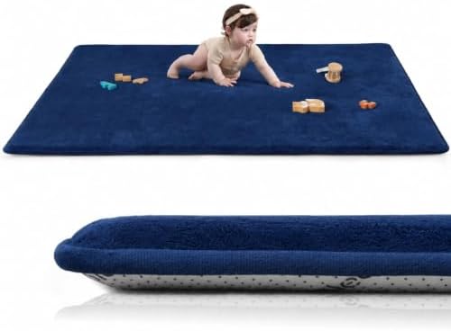 Huloo Sleep Baby Play Mat for Floor,1.3" Thick Memory Foam Tummy Time Mat,Soft Coral Velvet Nursery Rug,Extra Large Non Slip Crawling Mats for Living Room(Dark Blue)