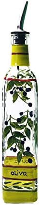 Hand Painted Glass Oliva Branch Oil/Vinegar Glass Cruet for Kitchen, 16 oz Olive Oil Dispenser With Stainless Steel Spout for Easy Pouring