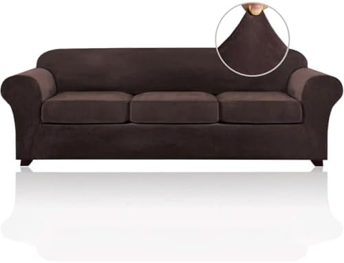 PrinceDeco Velvet Couch Covers for Sofa Soft 4 Pieces Couch Covers for 3 Cushion Couch Sofa Pet Friendly Furniture Protector with Non Slip Elastic Bottom Width Up to 97 Inch (Large Sofas, Brown)