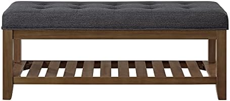 24KF Large Rectangular Upholstered Tufted Linen Fabric Ottoman Bench, Padded Bench with Solid Wood Shelf-Charcoal