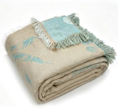 FALUCA Muslin Cotton Throw Blanket Boho Floral Jacquard with Fringe, 90 * 90 Foliage Pattern, Reversible Soft Breathable Cover for Couch Sofa Bedroom Vintage Farmhouse Home Decorative, Beige&Blue