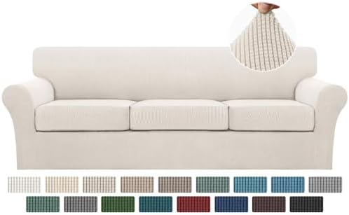 Turquoize 4 Piece Sofa Covers for 3 Cushion Couch Sofa Slipcover Soft Couch Cover for Dogs-Washable Sofa Furniture Covers with 3 Individual Large Cushion Covers, Feature Thick Fabric (XL Sofa, Ivory)